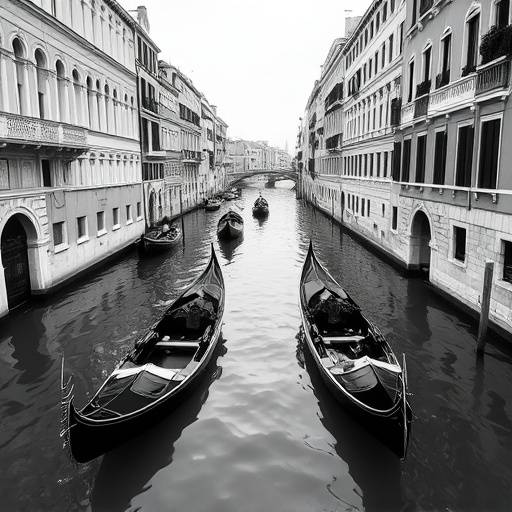 A black and white photograph capturing the canals of Venice, with gondolas gently gliding along the water.