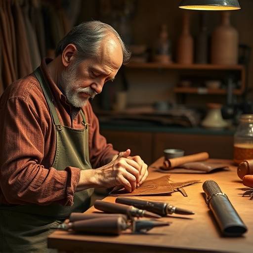 A master craftsman working on a leather bag in Florence, Italy, showcasing traditional Italian craftsmanship.