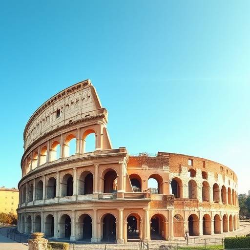 A panoramic view of the Roman Colosseum under a clear blue sky, highlighting its architectural grandeur.