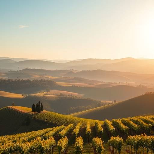 A panoramic view of the Tuscan countryside, with rolling hills, vineyards, and olive groves bathed in golden light.