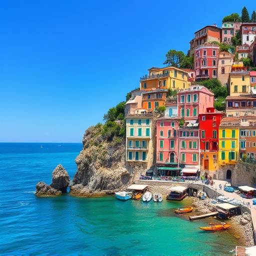 A picturesque view of the Amalfi Coast, with colorful houses perched on cliffs overlooking the turquoise sea.