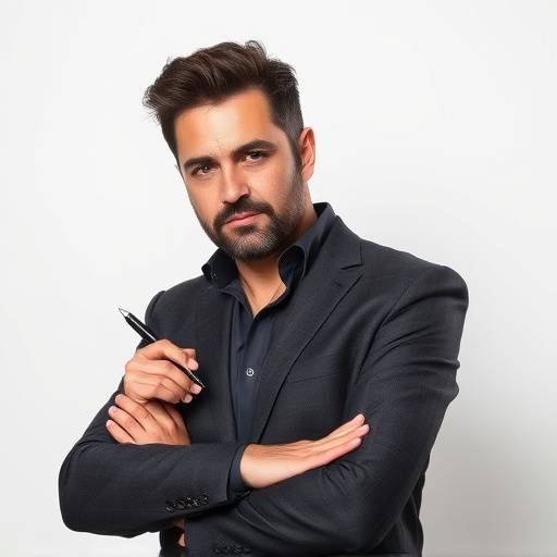 A portrait of Marco Lombardi, Creative Director, leaning confidently with a pen in hand.