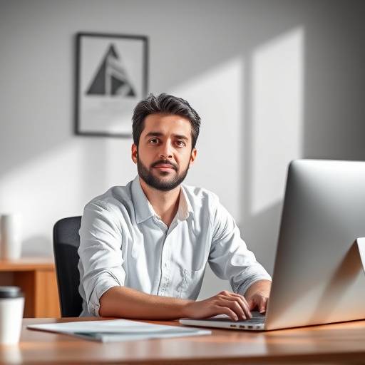 A studio shot of Alessandro Ferrari, Web Development Lead, working at his desk.